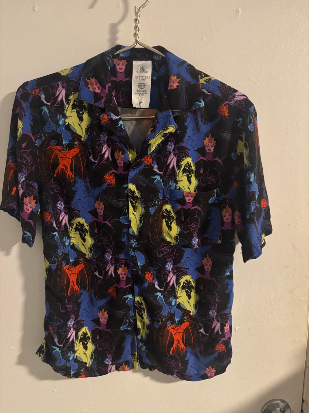 Disney Villains All Over Print Button Up Camp Shirt Adult XS Hades Maleficent